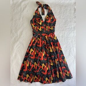 Bettie Page XXS halter dress retro atomic print orange yellow black